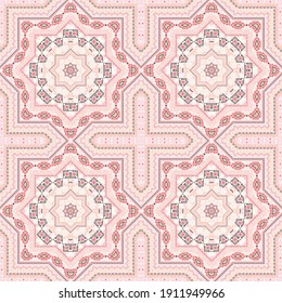 Linear victorian majolica tile seamless rapport. Ethnic geometric vector elements. Bedcover print design. Stylish spanish mayolica tilework perpetual pattern. Geometric shapes wallpaper.