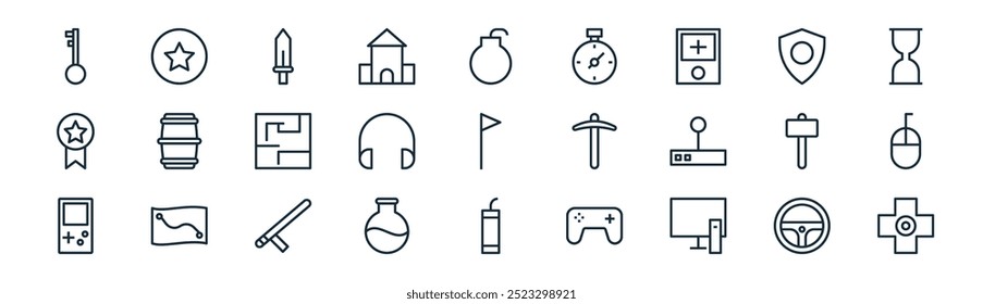 Video Vector de la línea delgada del volante, estrella, espada, escudo, auriculares, mouse clicker, bomba, iconos de Botones adecuados para App y Sitios web Diseños de interfaz de usuario