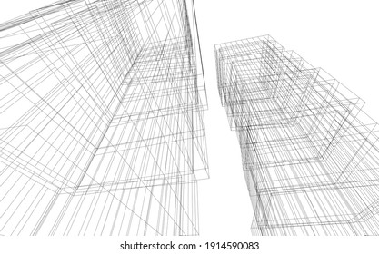 linear view of abstract modern 3d architecture vector illustration