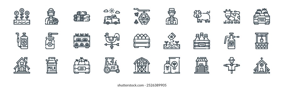linear no pacote de ícone da aldeia. vetor linha fina espantalho, agricultor, madeira, vaca, palheta do tempo, poço de água, celeiro, ícones da igreja adequados para aplicativos e sites projetos de iu