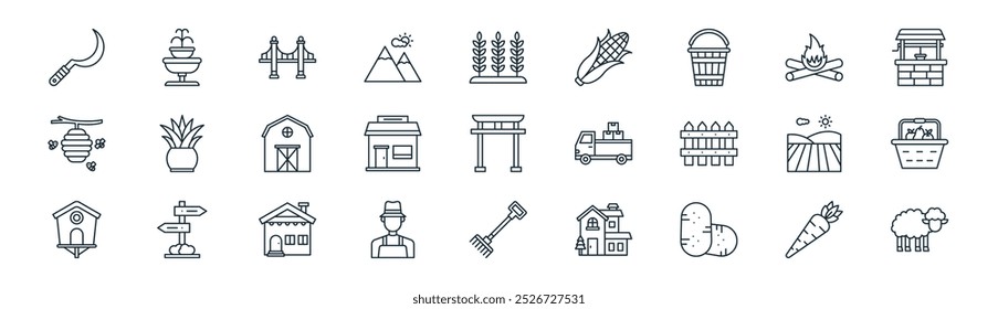 linear village icon pack. vector thin line carrots, fountain, bridge, bonfire, store, basket, rake, sheep icons suitable for apps and websites ui designs