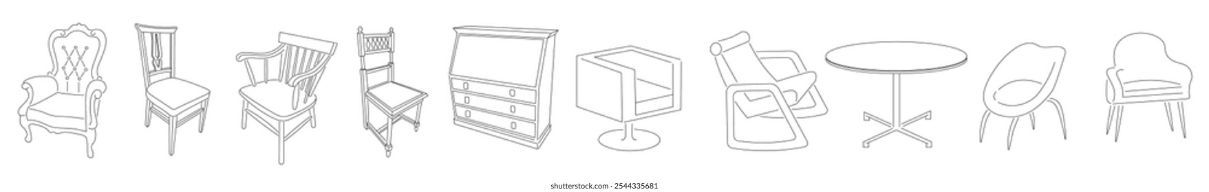 Muebles vintage lineales y sillón moderno en Vector. Icono interior para fondos de Anuncio de logotipo de diseño de pegatina de póster