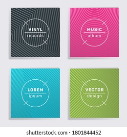 Linear vinyl records music album covers set. Halftone lines backgrounds. Colorful creative vinyl music album covers, disc mockups. DJ records disc vector mockups. Techno party posters.