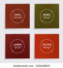 Linear vinyl records music album covers set. Halftone lines backgrounds. Tech creative vinyl music album covers, disc mockups. DJ records geometric layouts. Posters material design.