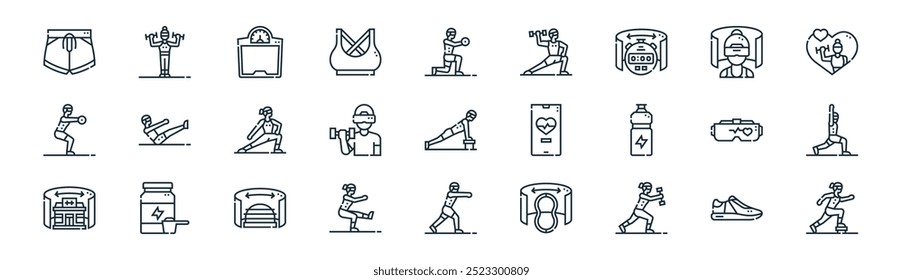 linear virtual fitness icon pack. vector thin line sport shoes, vr fitness, body scale, virtual reality fitness, virtual reality lunges, vr vr icons suitable for apps and websites ui designs