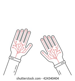 linear virtual gloves on hands. concept of fiction ar, vr layout, data ui, smart palm, geek arm equipment, input device. flat style trend modern graphic design vector illustration on white background