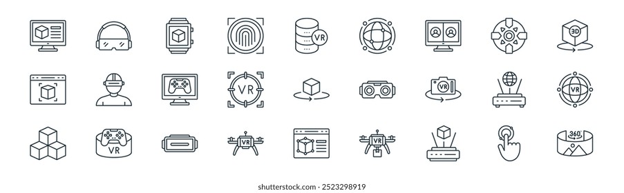 Vector de línea delgada interactiva, auriculares, reloj inteligente, control, enfoque, en todo el mundo, modelado D, iconos de panorama adecuados para App y Sitios web UI diseños