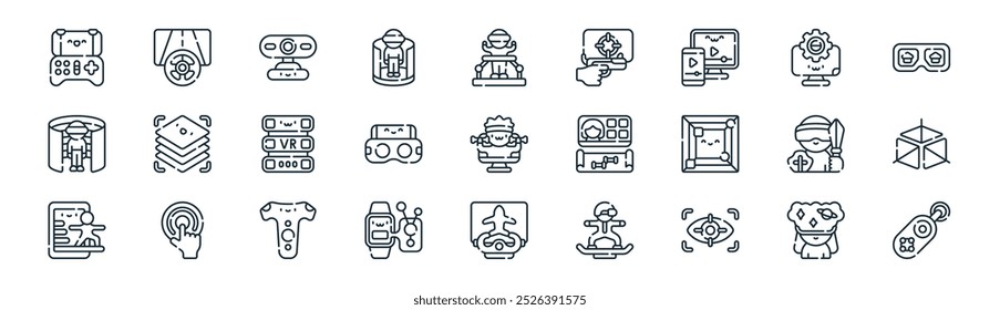 linear virtual reality vr icon pack. vector thin line vr, simulation, webcam, software, vr glasses, d cube, simulation, remote control icons suitable for apps and websites ui designs