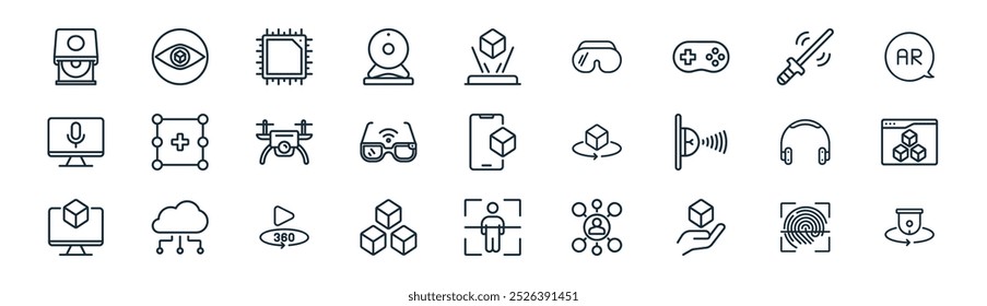 linear virtual technology icon pack. vector thin line finger print, eye, chip, ar wand, smart glasses, d programming, body scan, security camera icons suitable for apps and websites ui designs