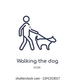 Linear walking the dog icon from Behavior outline collection. Thin line walking the dog vector isolated on white background. 