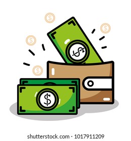 linear wallet with flat bills money icons