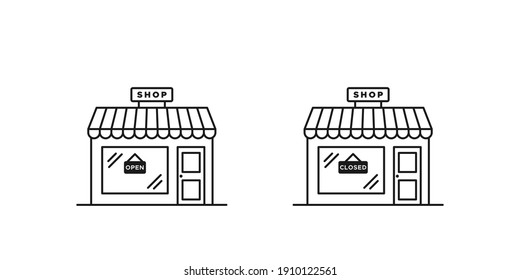 Linear warehouse icon set. Open and closed sign. Shop sign above. Vector illustration, flat design