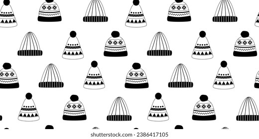 Linear warm hats seamless pattern. Doodles. Warm head wear. Autumn and winter essentials. Christmas. Line art. Coloring book. Background, digital paper, wrapping paper.