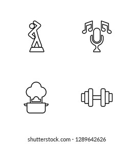 Linear Warming up, Cooking, Singing, Gym Vector Illustration Of 4 outline Icons. Editable Pack Of Warming up, Cooking, Singing, Gym