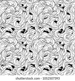 Linear wave seamless ornament with an abstract and twisted curls and petals. Rhythmic weave of patterns, endless vector tracery. Decor for textiles.