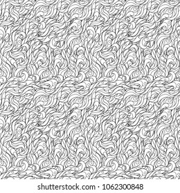 Linear wave seamless ornament with an abstract and twisted curls and petals. Rhythmic weave of patterns, endless vector tracery for fabric.