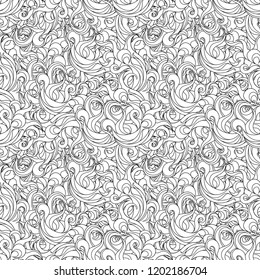 Linear wave seamless ornament with an abstract and twisted curls and petals. Rhythmic weave of patterns, endless vector tracery for fabric and office supplies.