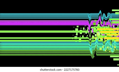 Linear wavy Glitch effect of green and blue pixels on a black background. Vector abstraction with damage on the screen of the device. Concept of destruction, cyberpunk, future, sci-fi.