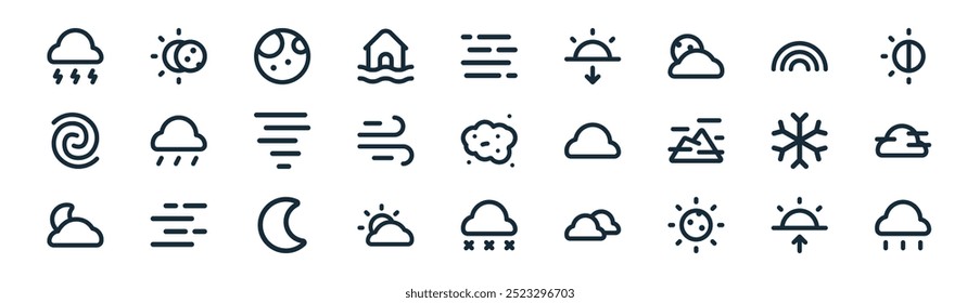 Vector de la línea fina del amanecer, del eclipse, de la luna llena, del arco iris, del Clima, de la niebla, de la caída de la nieve, de los iconos de la lluvia convenientes para los App y los Sitios web