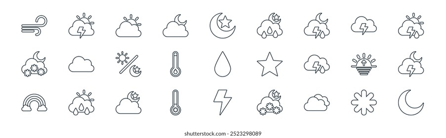 Vector de línea delgada escama de Clima, tormenta, nublado, tormenta, temperatura, tormenta, trueno, iconos de la noche adecuados para App y Sitios web UI diseños