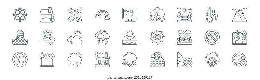 lineares Wetter-Icon-Paket. Vektor dünne Linie Theropoda, zu Hause, Vollmond, Temperatur, Sturm, Gebäude auf Feuer, Sturm, Temperatur-Icons geeignet für Apps und Websites ui Designs