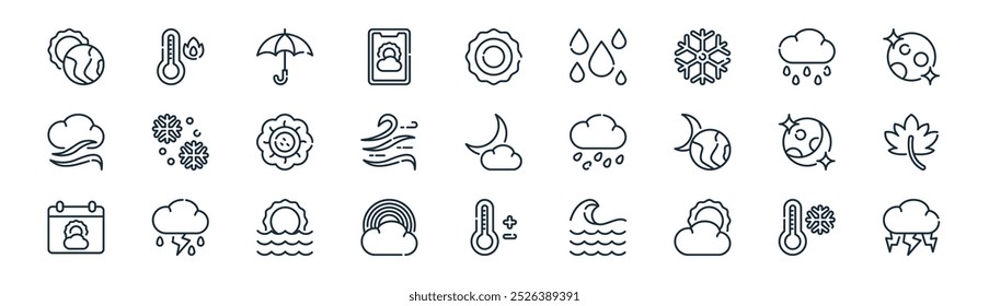 linear weather icon pack. vector thin line cold, hot, umbrella, rainy, wind, maple leaf, thermometer, thunder icons suitable for apps and websites ui designs