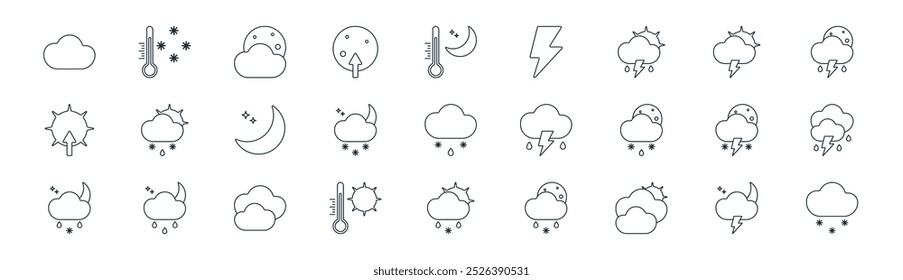 linear weather icon pack. vector thin line rainy night, thermometer, moon, cloud, rainy night, rain, cloud, snow icons suitable for apps and websites ui designs