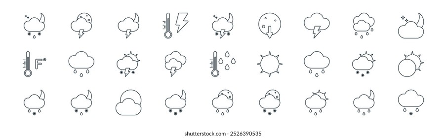 linear weather icon pack. vector thin line rainy night, rainy night, rainy night, rain, storm, eclipse, rain icons suitable for apps and websites ui designs