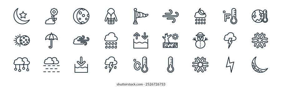 linear weather icon pack. vetor linha fina relâmpago, primavera, lunar, fahrenheit, chuva, floco de neve, celsius, meia lua ícones adequados para aplicativos e sites ui designs