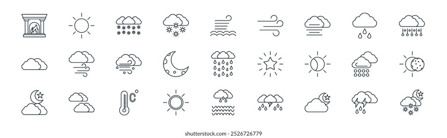 linear weather icon pack. vector thin line storm, sun, snowing, rainy, half moon, solar, flood, night snow icons suitable for apps and websites ui designs