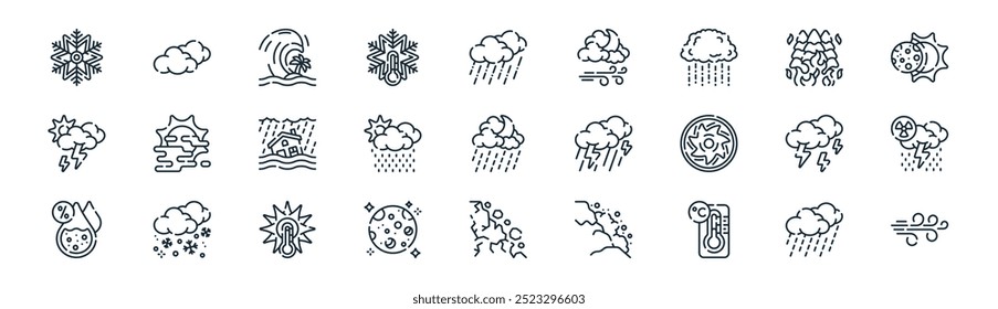 fenômenos meteorológicos lineares ícone pack. vetor de linha fina chuva, nuvem, tsunami, fogo, garoa, chuva ácida, deslizamento de terra, vento ícones adequados para aplicativos e sites projetos de iu