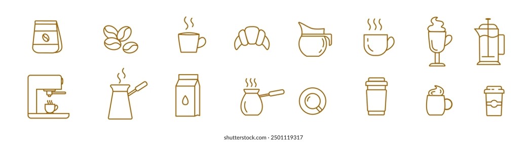 Linear web icons of coffee or tea cups. Late, espresso, ice, coffee maker, coffee beans, cup, croissant. Outline icons in linear style. Vector illustration.
