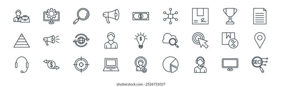 linear web marketing icon pack. vector thin line monitor, configuration, magnifying glass, trophy, avatar, location, influencer, seo icons suitable for apps and websites ui designs