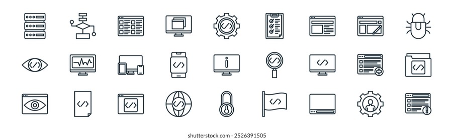 pacote de ícones de programação web linear. vetor perfil de linha fina, fluxograma, menu, web de, pastas, bloqueio, ícones de aviso adequados para projetos de iu de aplicativos e sites