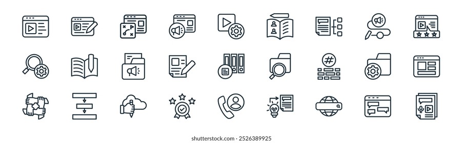 linear website marketing icon pack. vetor discussão linha fina, publicidade em vídeo, estratégia de conteúdo, processo, artigos, layout, suporte, ícones de conteúdo adequados para apps e sites ui designs