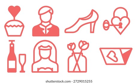 Ilustración vectorial de iconos de ceremonia de boda lineal