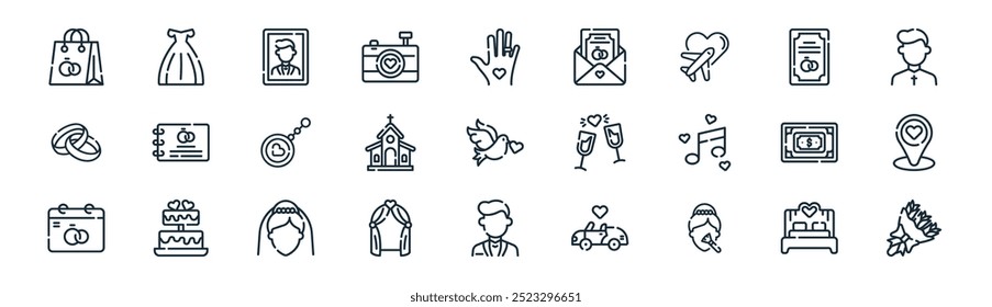 linear wedding icon pack. vector thin line double bed, wedding, wedding, marriage, building, groom, flower icons suitable for apps and websites ui designs