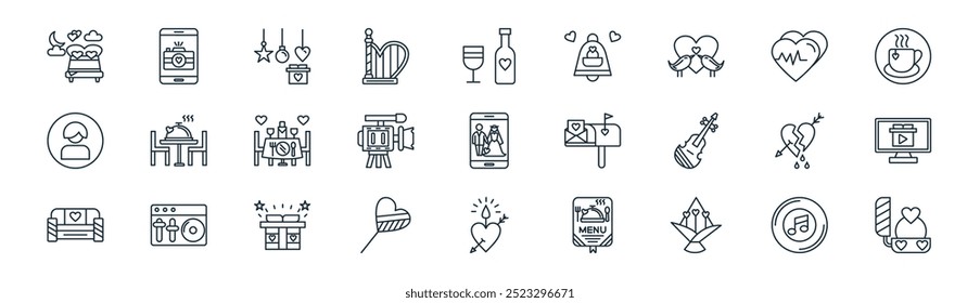 linear wedding icon pack. vector thin line music, wedding photos, decoration, heart, video camera, wedding video, candle, rings icons suitable for apps and websites ui designs