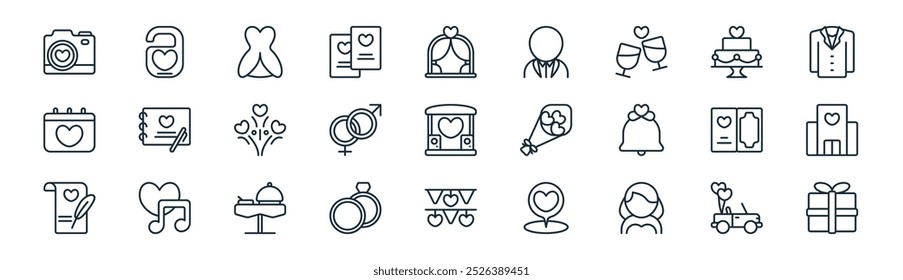 linear wedding icon pack. vector thin line wedding car, door knob, wedding dress, cake, genders, hall, garlands, gift box icons suitable for apps and websites ui designs