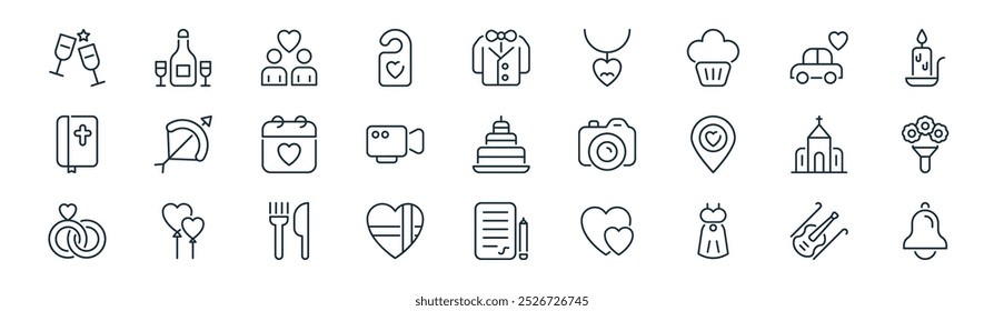 linear wedding icon pack. vector thin line violin, champagne, lovers, car, video camera, bouquet, contract, bell icons suitable for apps and websites ui designs