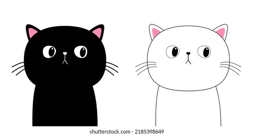 Linear white and black cat silhouette set. Cute cartoon kitty character. Contour line. Kawaii animal. Funny baby kitten. Sad face. Love Greeting card. Flat design. Isolated. Vector illustration