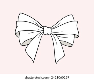 Linear white bow concept. Decoration for gift, present boxes and clothes. New Year and Christmas. Template and layout. Outline flat vector illustration isolated on pink background