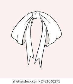 Linear white bow concept. Decoration for gift, present boxes and clothes. New Year and Christmas party decoration. Outline flat vector illustration isolated on pink background