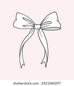 Linear white bow concept. Decoration for gift, present boxes and clothes. Minimalistic creativity and art. Template and layout. Outline flat vector illustration isolated on pink background