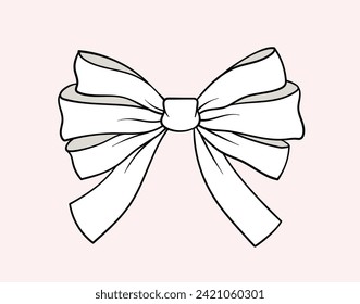Linear white bow concept. Decoration for gift, present boxes and clothes. New Year and Christmas. Booklet or leaflet. Outline flat vector illustration isolated on pink background