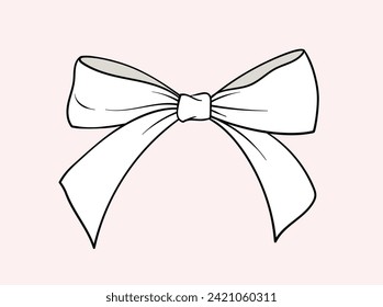 Linear white bow concept. Decoration for gift boxes and clothes. Minimalistic creatvity and art. Symbol of holidays and festivals. Outline flat vector illustration isolated on pink background