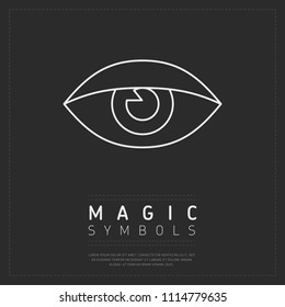 Linear white esoteric symbol of eye placed on gray poster with label Magic Symbols
