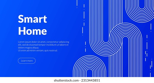 Linear white lines forming a smart home themed banner with fingerprint security and technology network motifs symbolizing technological automation concepts in an abstract digital blue background