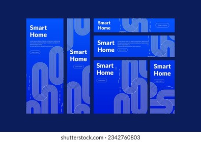 Linear white lines forming a smart home themed banner with fingerprint security and technology network motifs symbolizing technological automation concepts in an abstract digital blue background