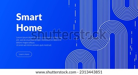 Linear white lines forming a smart home themed banner with fingerprint security and technology network motifs symbolizing technological automation concepts in an abstract digital blue background